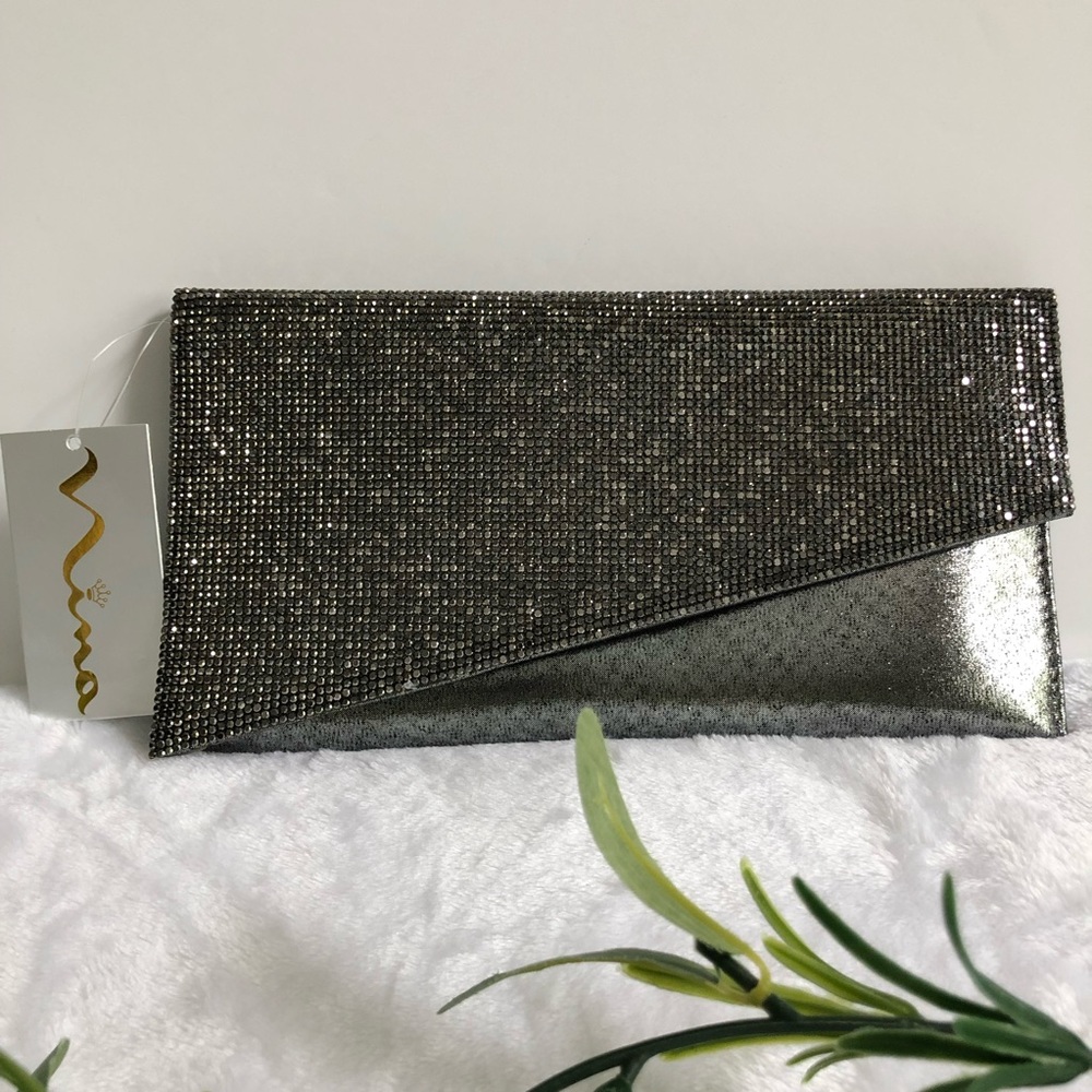 Nina Bari Asymmetrical Flap Clutch in Gunmetal Metallic, NWT